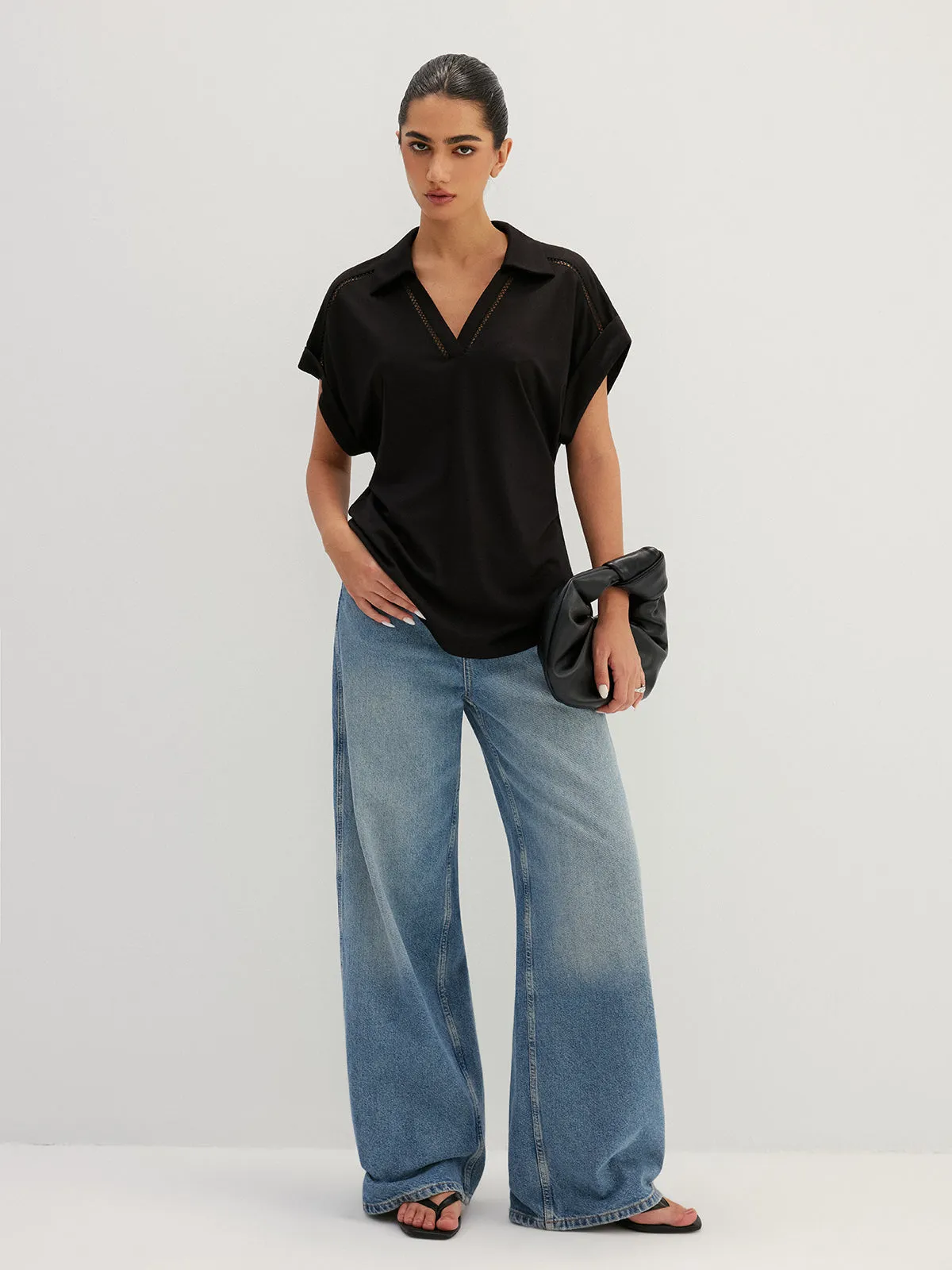Hollow Out Collared V Neck Short Sleeve Top sold by COMMENSE product image thumbnail 4