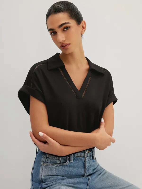 Hollow Out Collared V Neck Short Sleeve Top made by COMMENSE