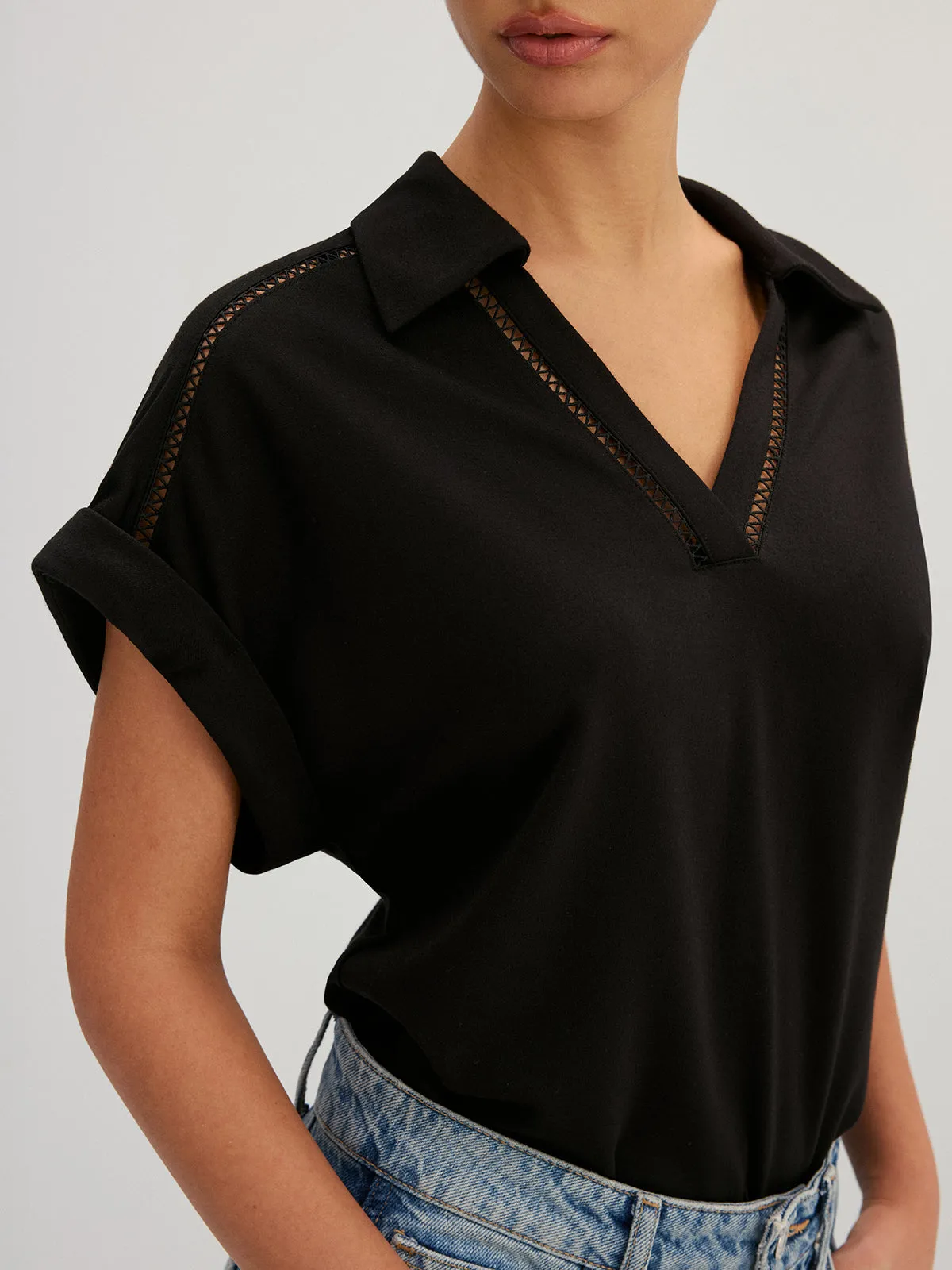 Hollow Out Collared V Neck Short Sleeve Top sold by COMMENSE product image thumbnail 5