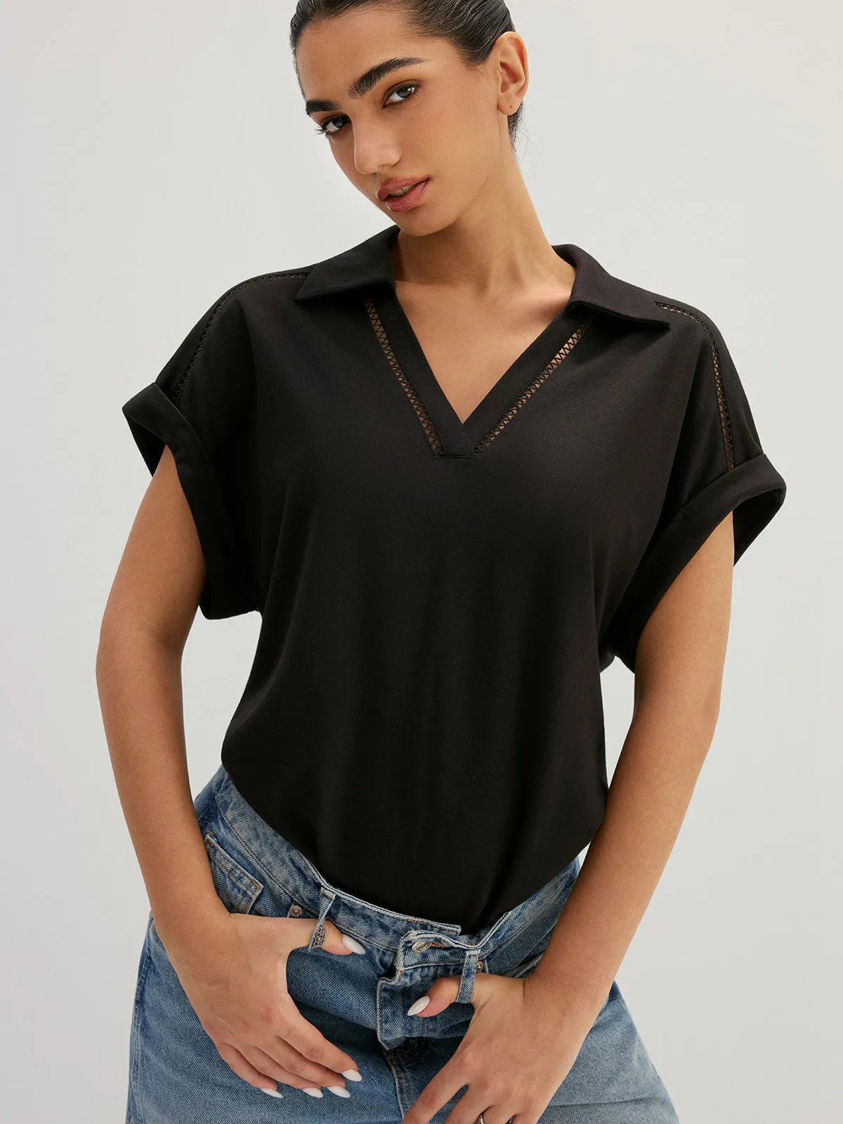 Hollow Out Collared V Neck Short Sleeve Top sold by COMMENSE product image thumbnail 2