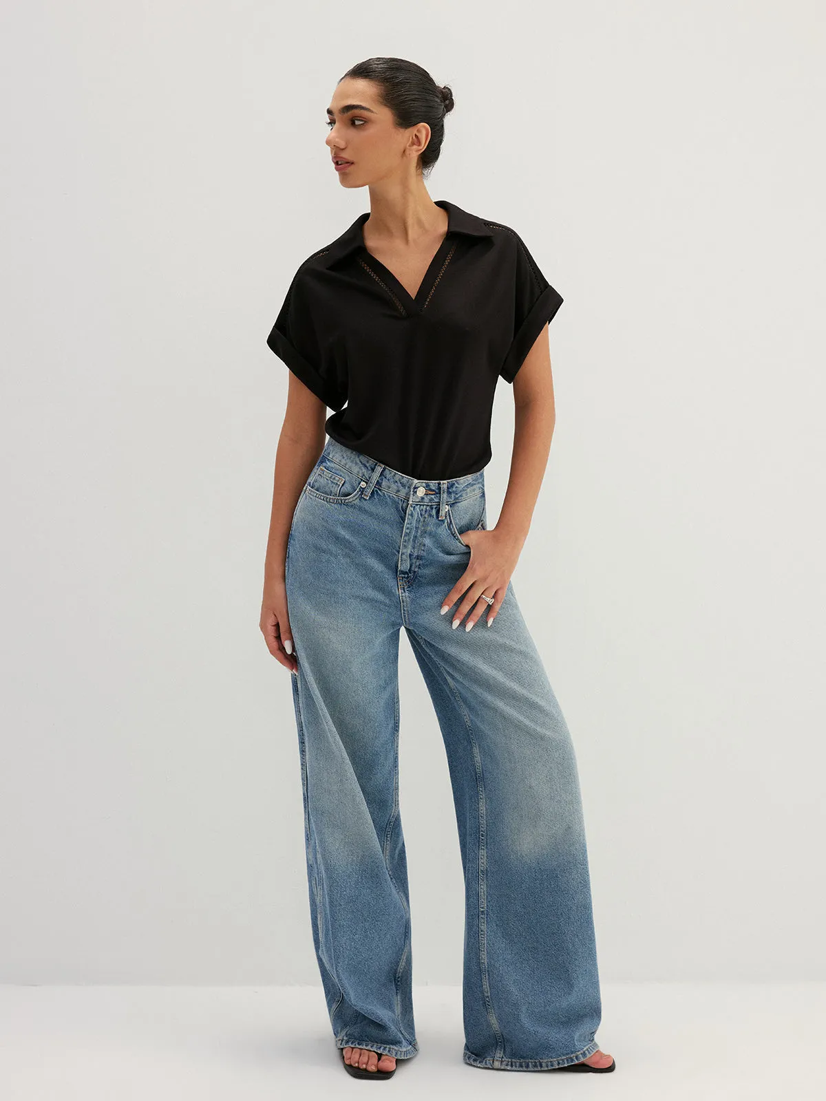 Hollow Out Collared V Neck Short Sleeve Top sold by COMMENSE product image thumbnail 3