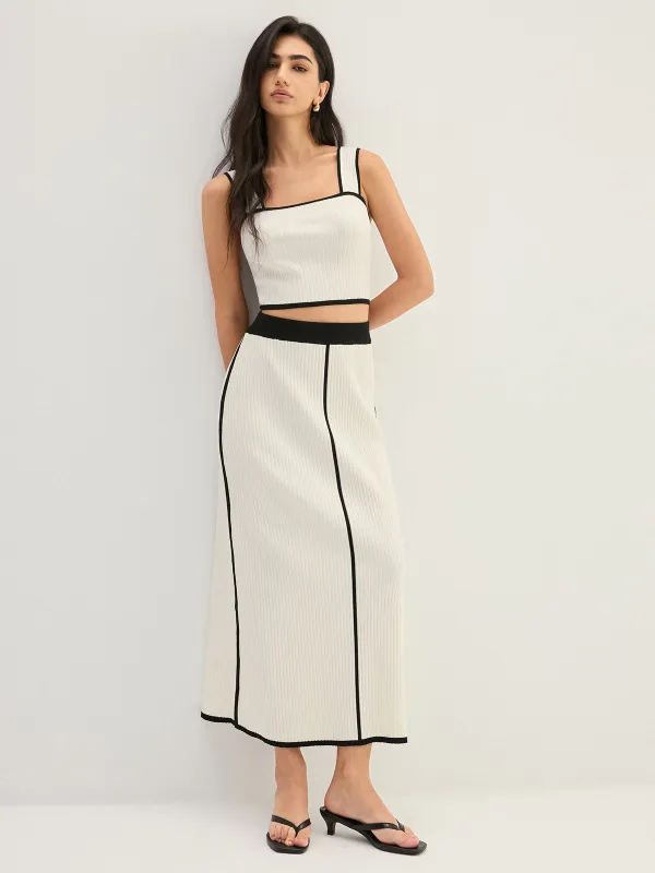 Contrast Trim Rib Knit Two Piece Skirt Set made by COMMENSE