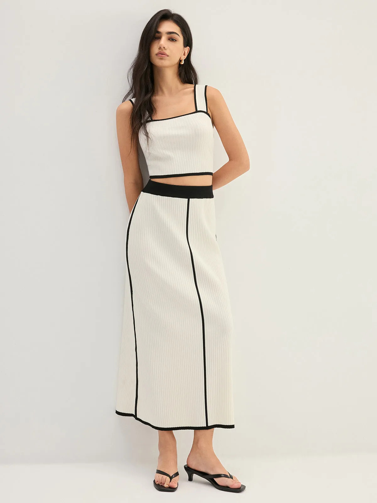 Contrast Trim Rib Knit Two Piece Skirt Set sold by COMMENSE