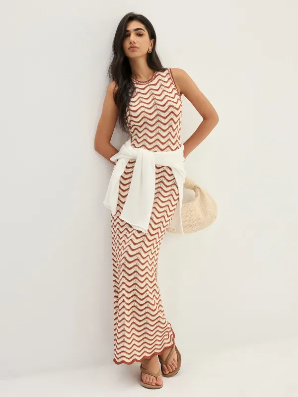 Wavy Stripe Knit Sleeveless Mermaid Maxi Dress made by COMMENSE