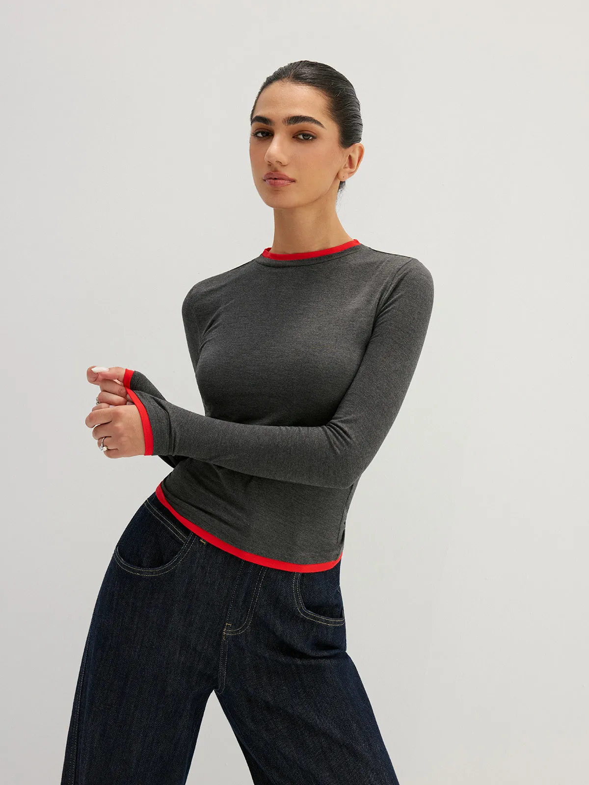 Contrast Trim Fake Two Piece Long Sleeve Top sold by COMMENSE product image thumbnail 4