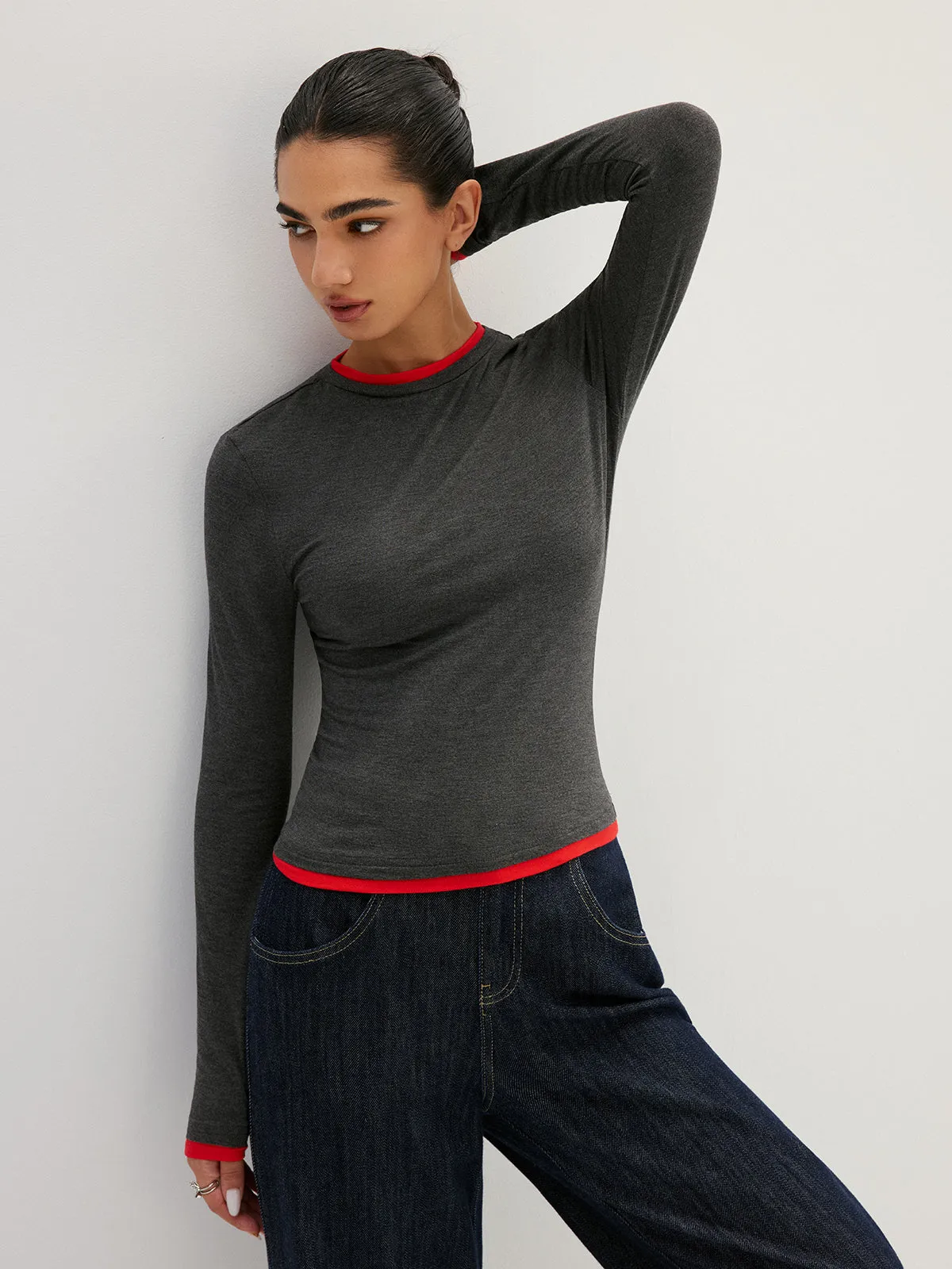 Contrast Trim Fake Two Piece Long Sleeve Top sold by COMMENSE product image thumbnail 5