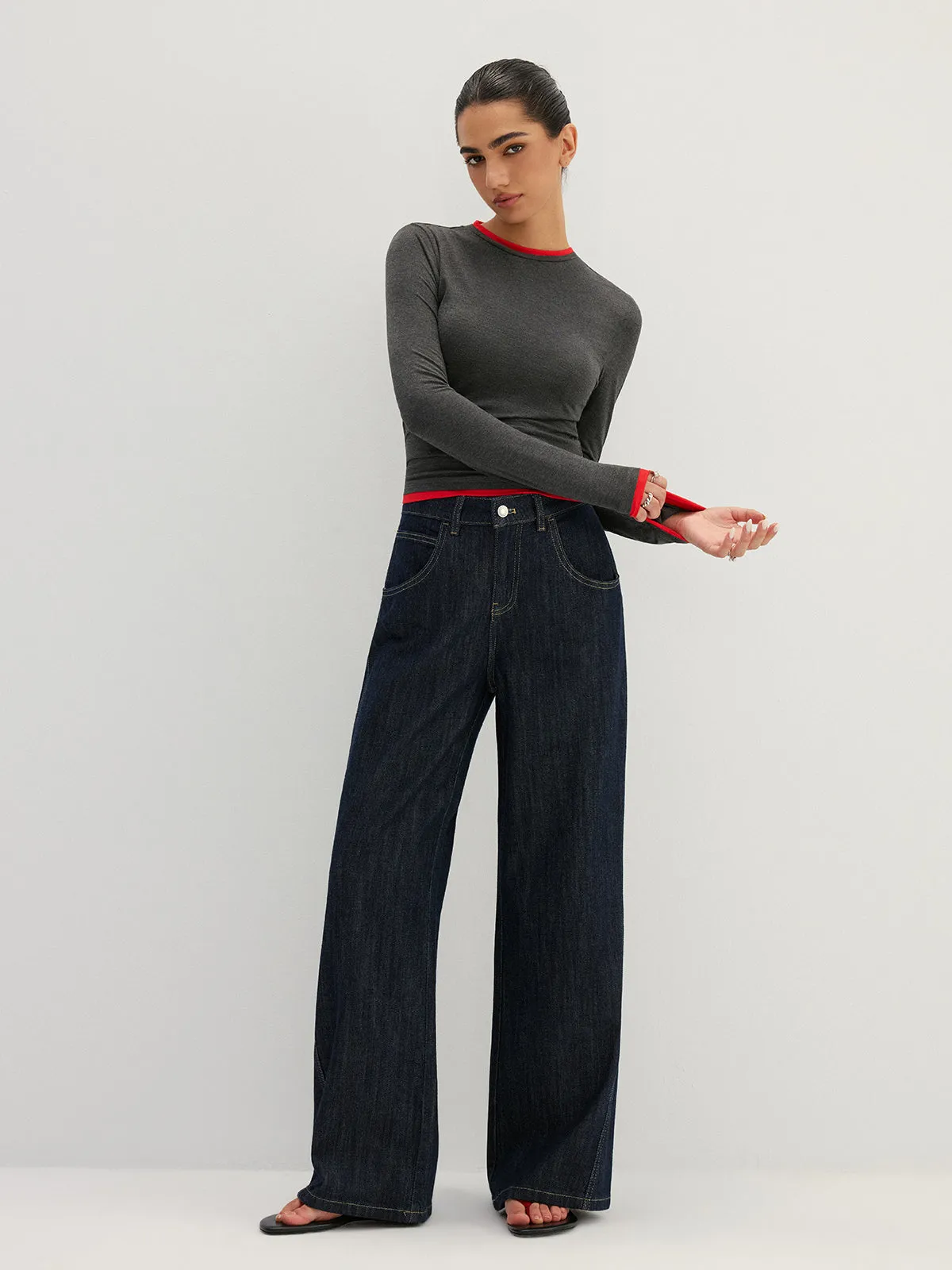 Contrast Trim Fake Two Piece Long Sleeve Top sold by COMMENSE product image thumbnail 2