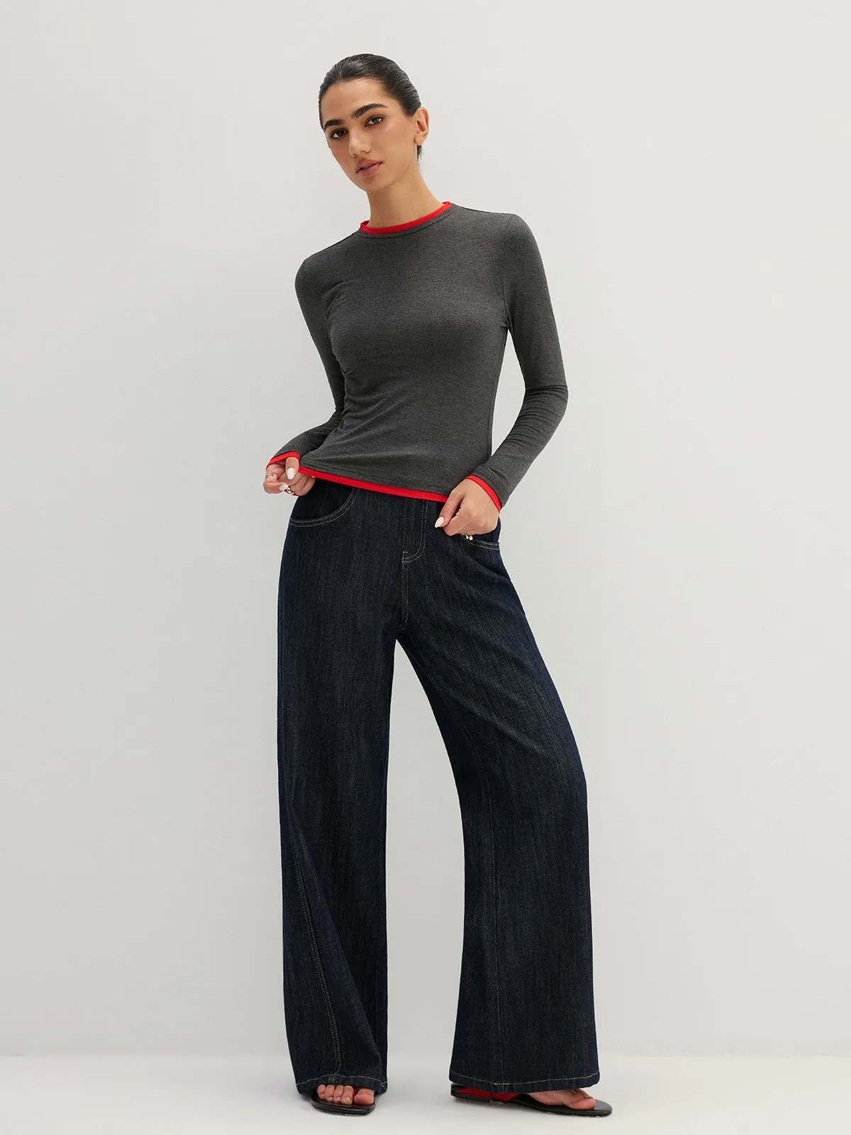 Contrast Trim Fake Two Piece Long Sleeve Top sold by COMMENSE product image thumbnail 3
