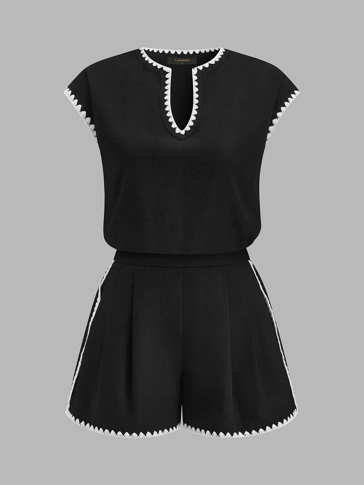 Casual Embroidered Trim Two Piece Shorts Set sold by COMMENSE