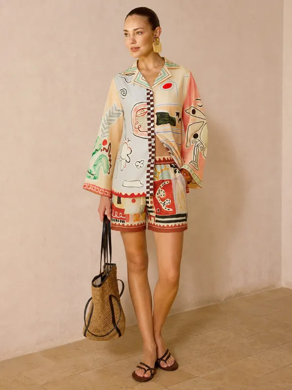 Abstract Print Shirt & Drawstring Shorts Set made by COMMENSE