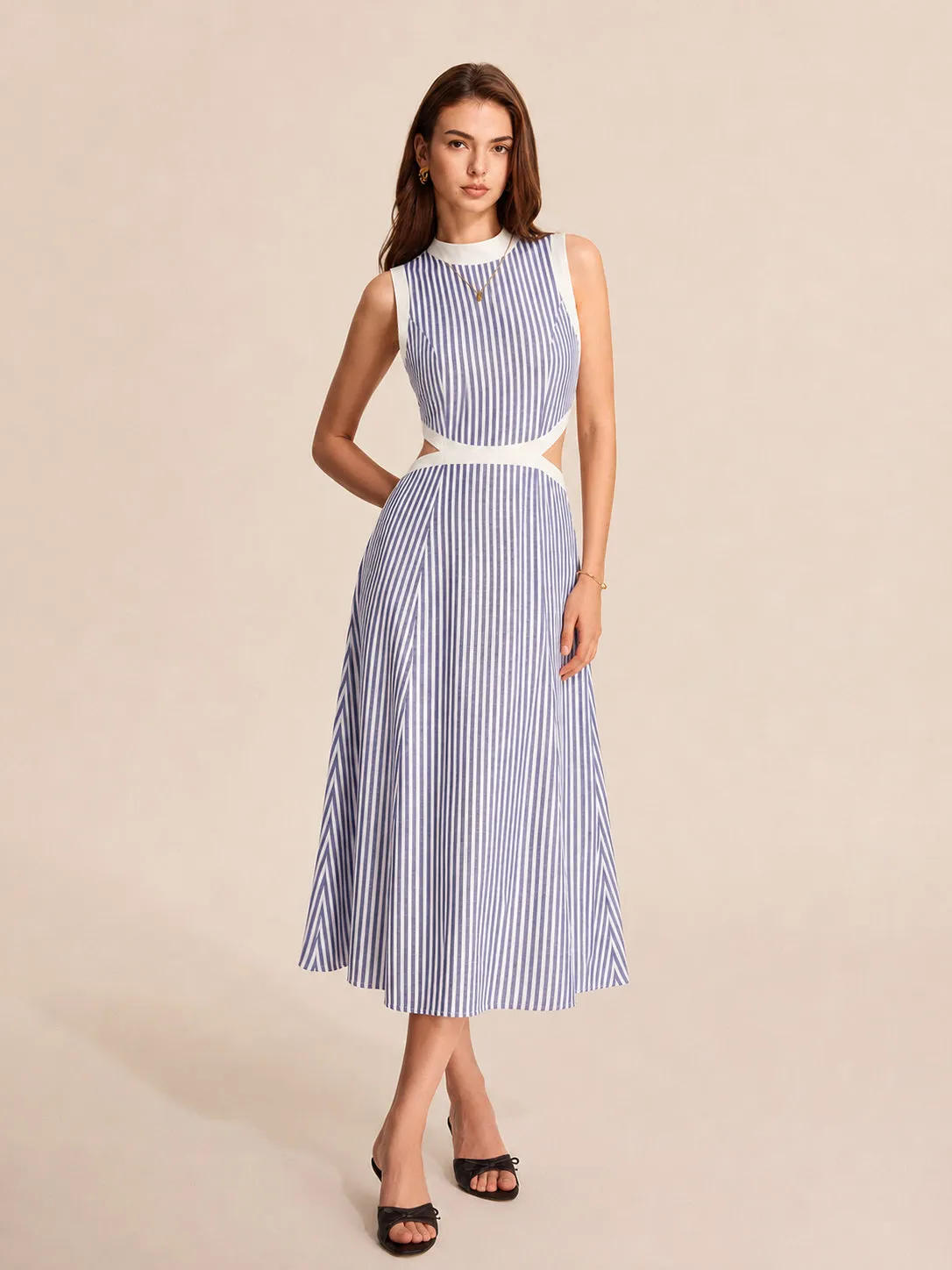 Mock Neck Waist Cutout Striped Maxi Dress sold by COMMENSE
