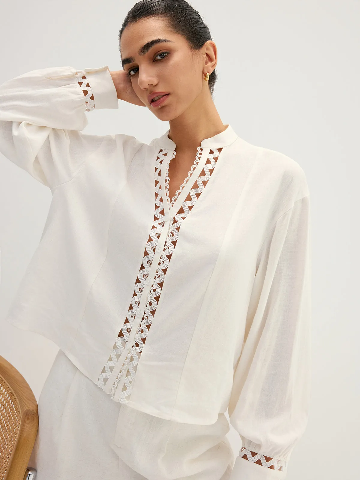Linen Blend Hollow Long Sleeve Blouse sold by COMMENSE product image thumbnail 4