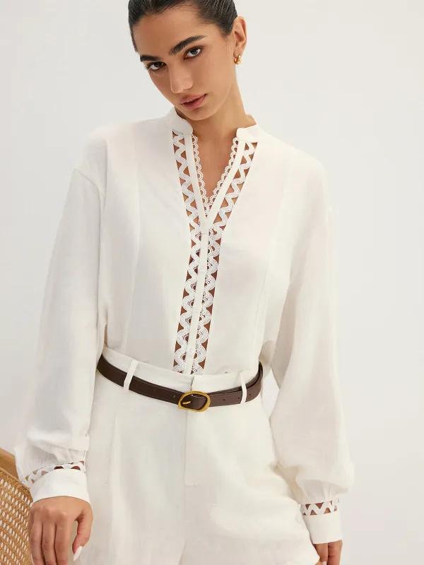 Linen Blend Hollow Long Sleeve Blouse made by COMMENSE