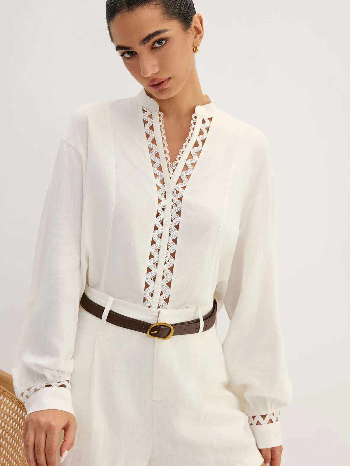 Linen Blend Hollow Long Sleeve Blouse sold by COMMENSE