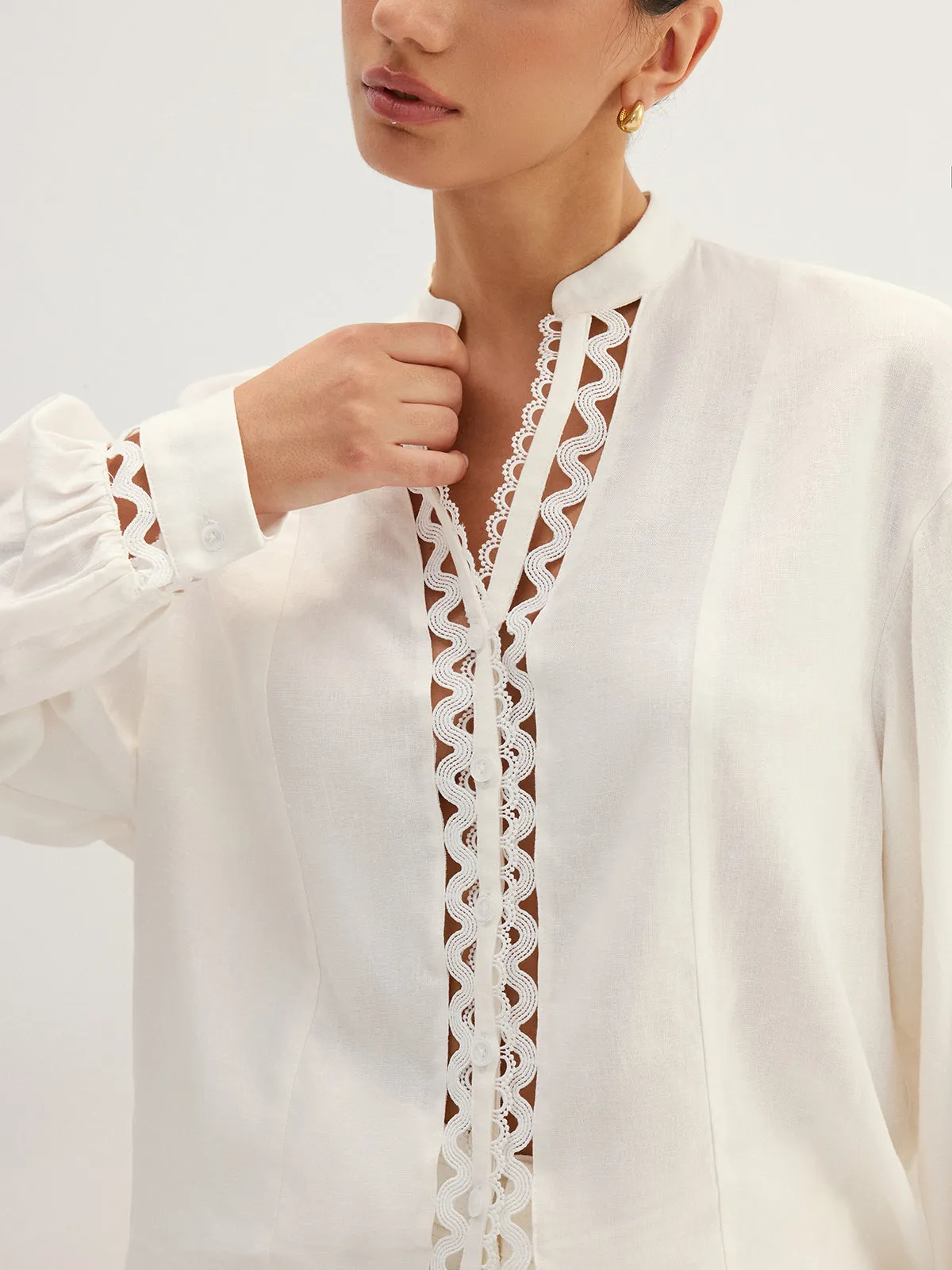 Linen Blend Hollow Long Sleeve Blouse sold by COMMENSE product image thumbnail 5