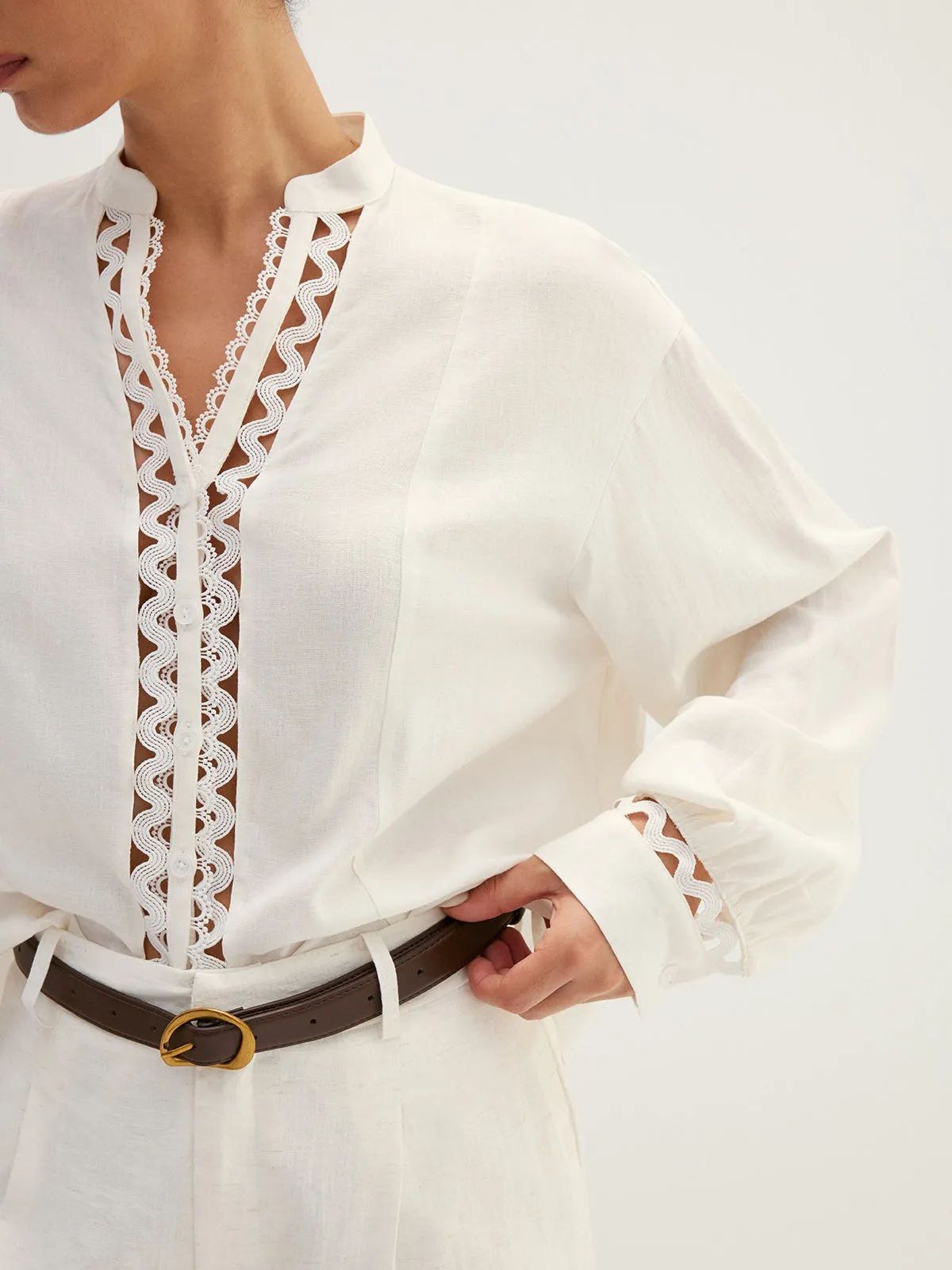 Linen Blend Hollow Long Sleeve Blouse sold by COMMENSE product image thumbnail 3