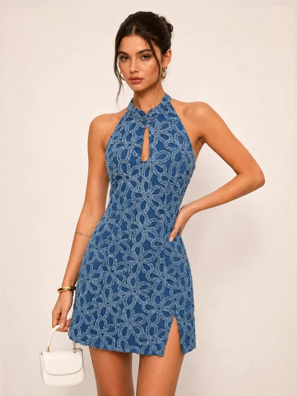 3D Floral Frog Button Denim Mini Dress made by COMMENSE