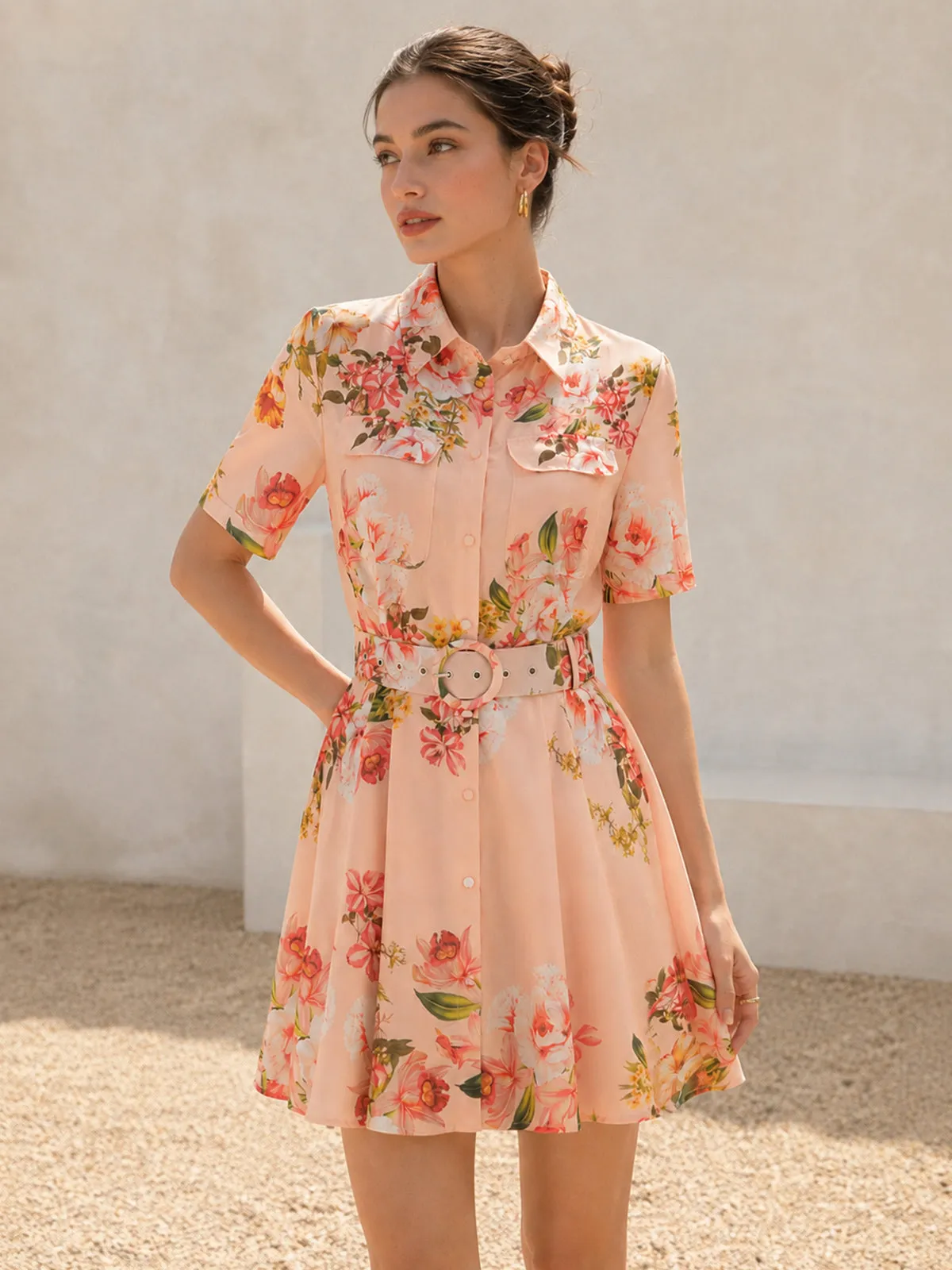 Floral Print Belted Linen Blend Shirt Dress sold by COMMENSE product image thumbnail 2