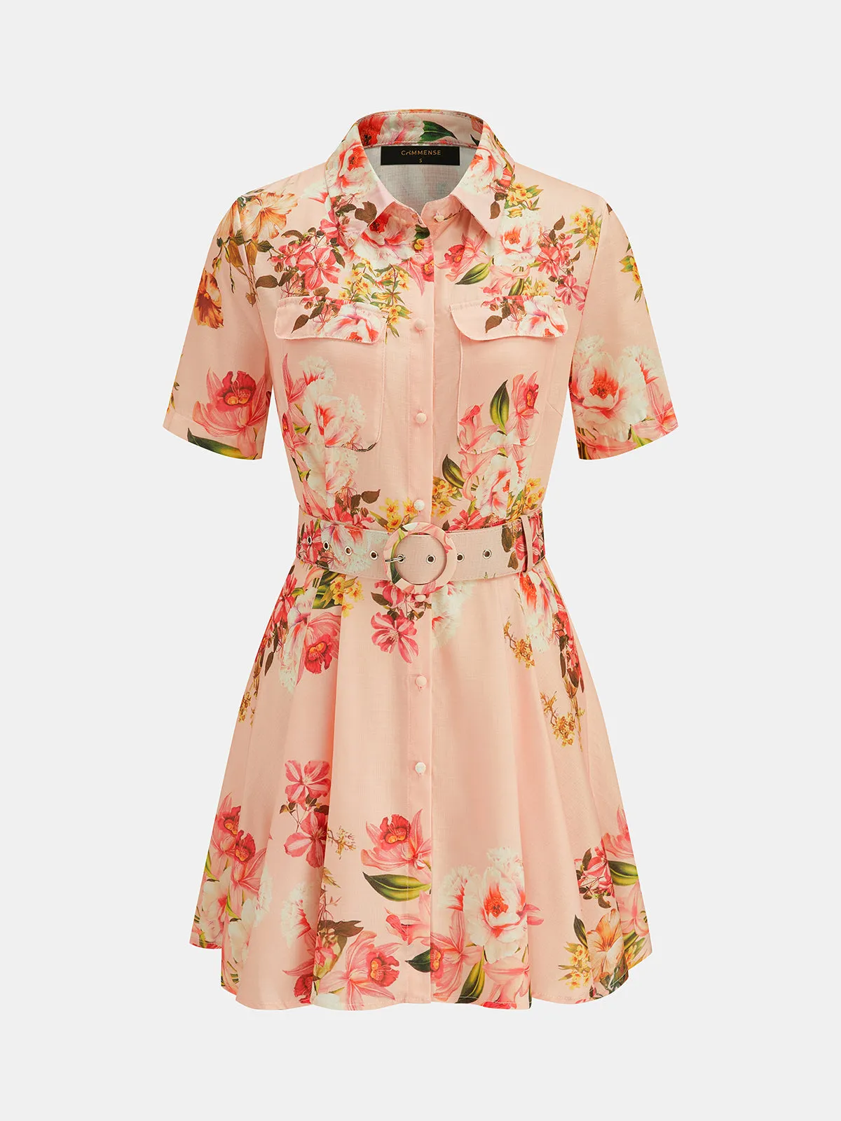 Floral Print Belted Linen Blend Shirt Dress sold by COMMENSE