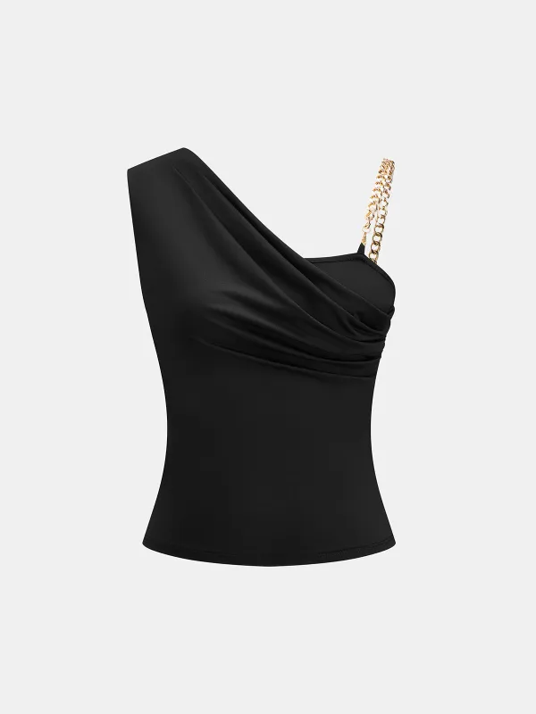 Chain Strap Draped One Shoulder Top made by COMMENSE