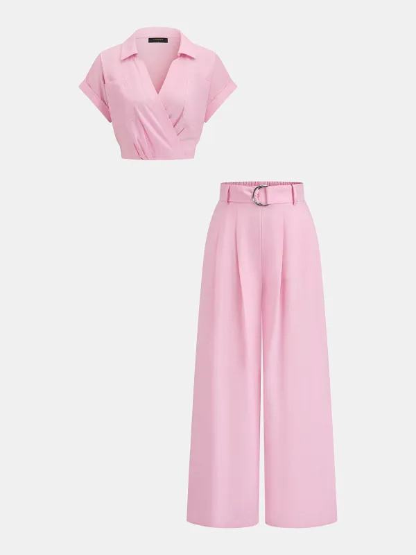 Linen Blend Collared Top & Belted Pants Set made by COMMENSE
