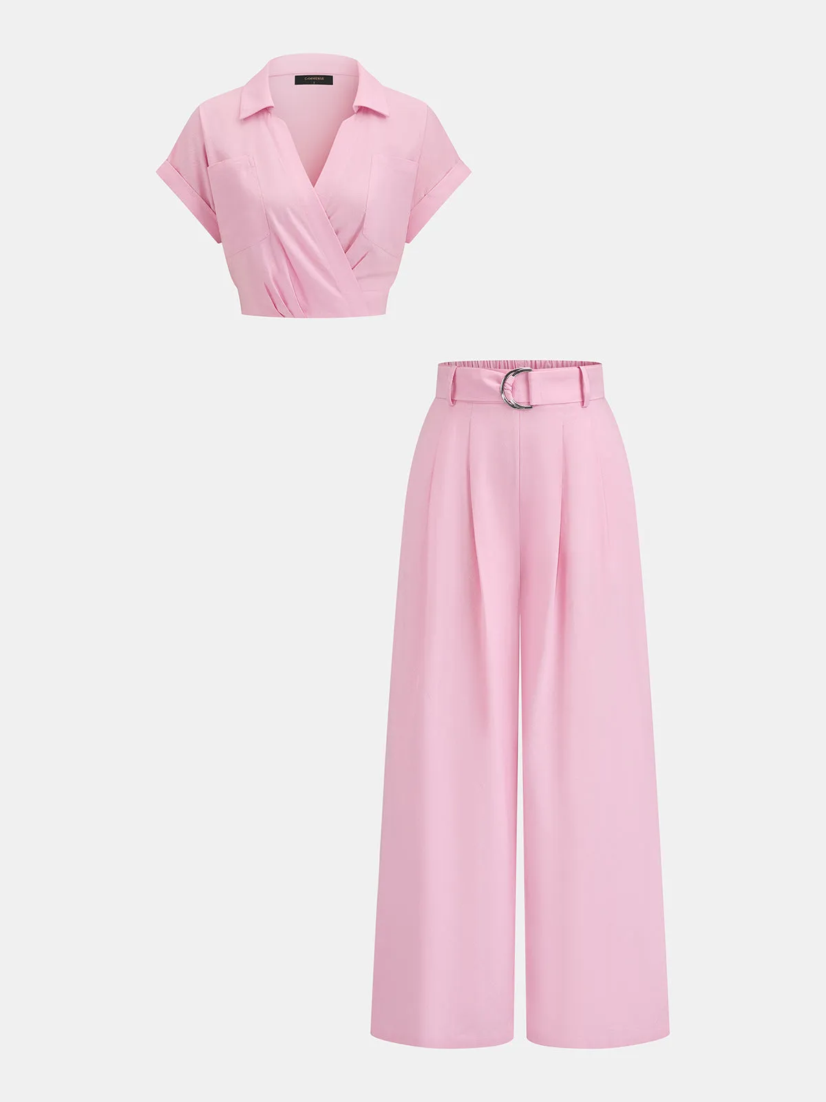 Linen Blend Collared Top & Belted Pants Set sold by COMMENSE