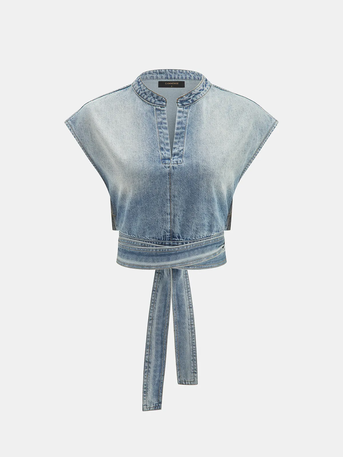 Denim Tie-Back Crop Top sold by COMMENSE
