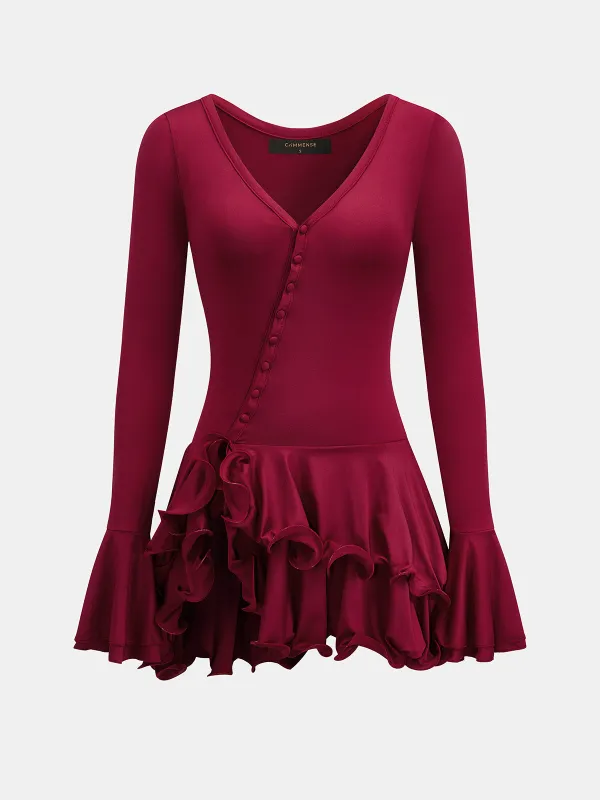 V Neck Button Flare Sleeve Ruffle Mini Dress made by COMMENSE