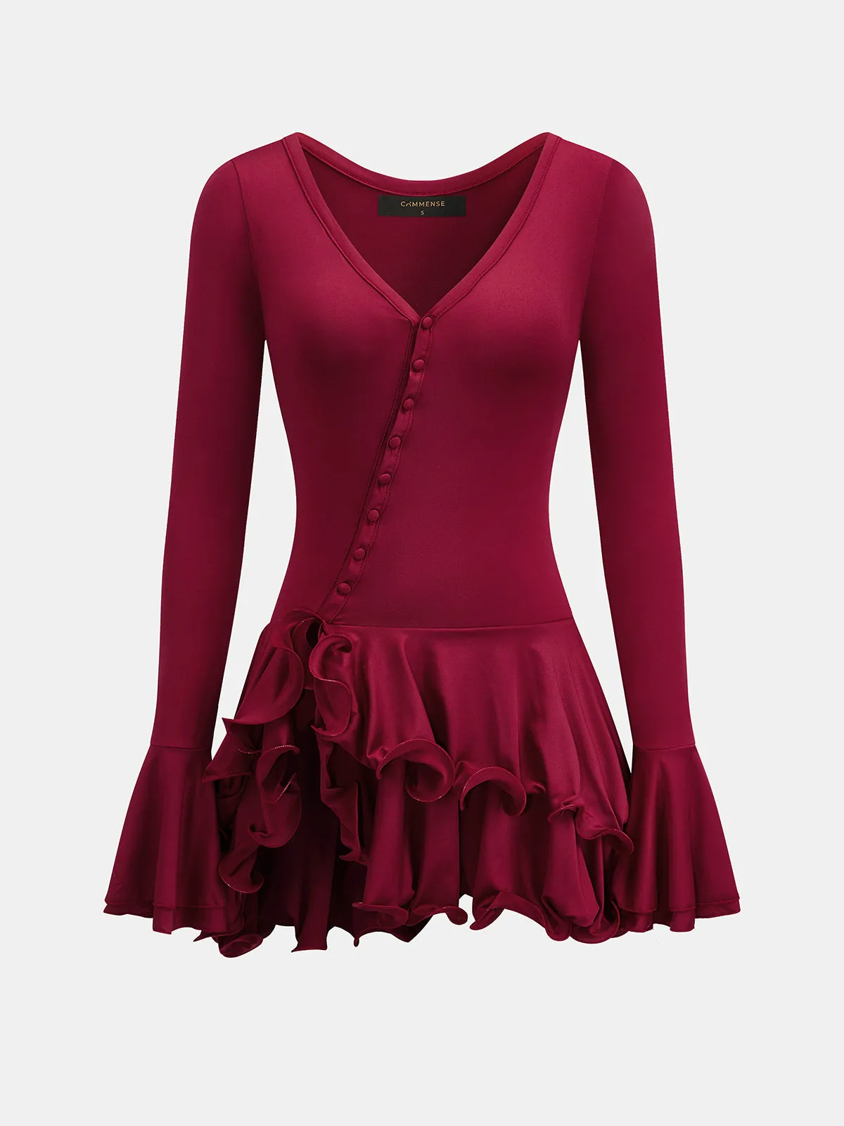 V Neck Button Flare Sleeve Ruffle Mini Dress sold by COMMENSE