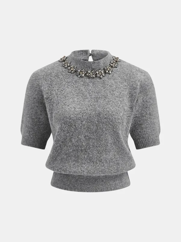 Rhinestone Detail Short Sleeve Knit Top made by COMMENSE