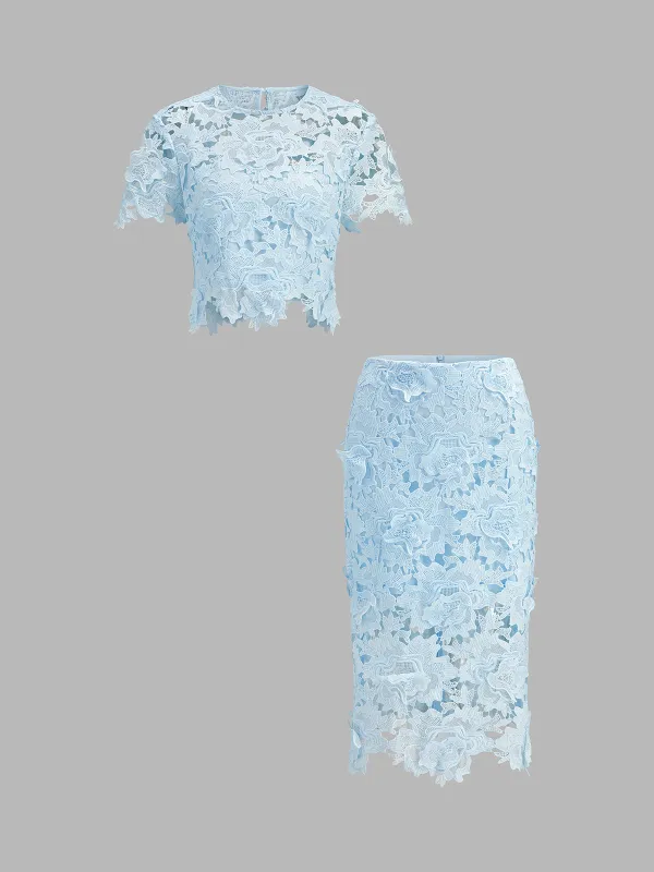 Guipure Lace Two Piece Skirt Set made by COMMENSE