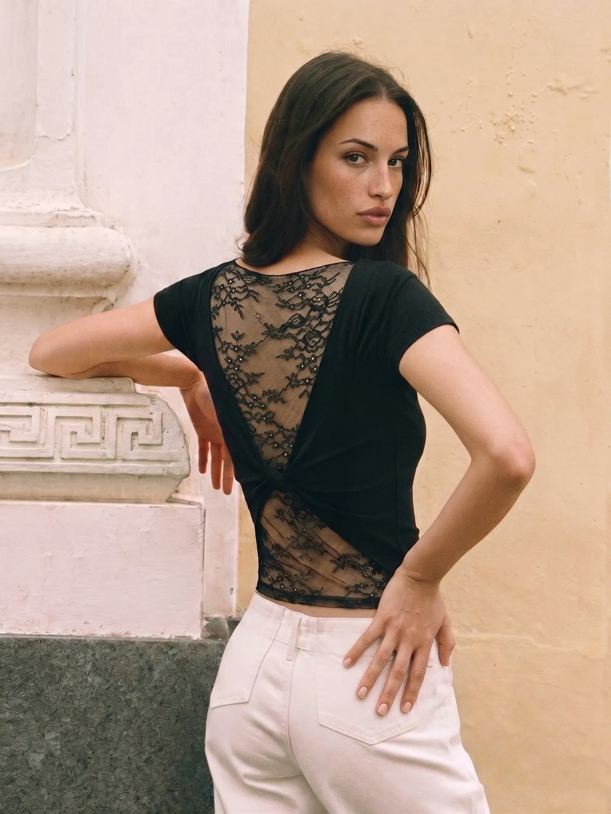 Lace Panel Twisted Short Sleeve Top sold by COMMENSE
