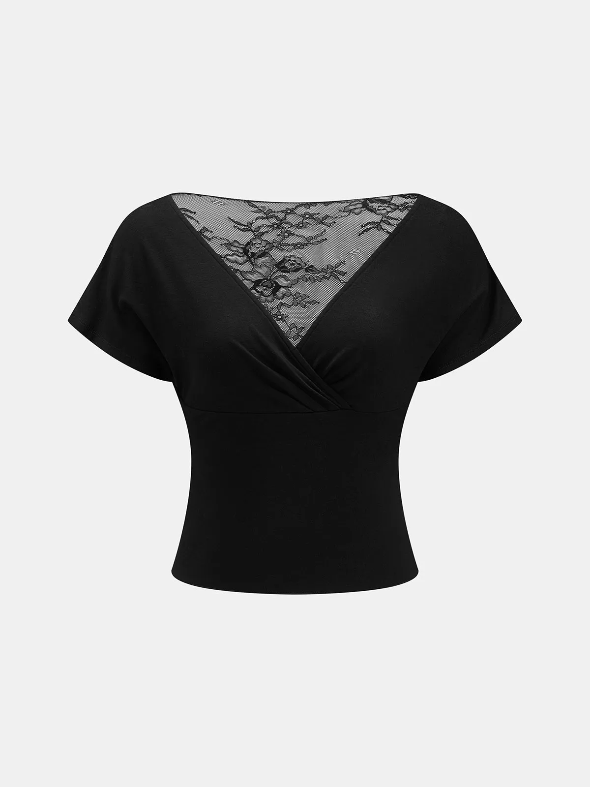 Lace Panel Twisted Short Sleeve Top sold by COMMENSE product image thumbnail 2