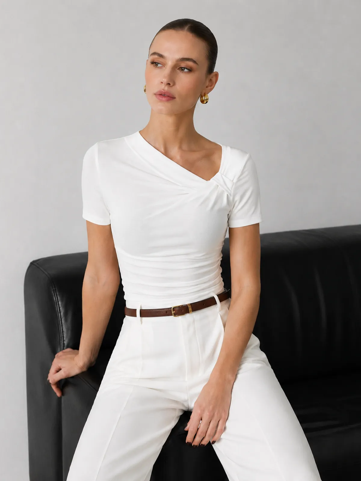 Asymmetrical Ruched Fitted Short Sleeve Top sold by COMMENSE product image thumbnail 3