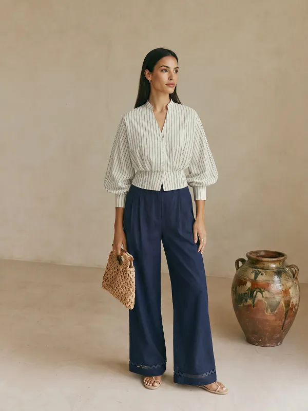 Striped Lace Panel Cotton Linen Blouse made by COMMENSE