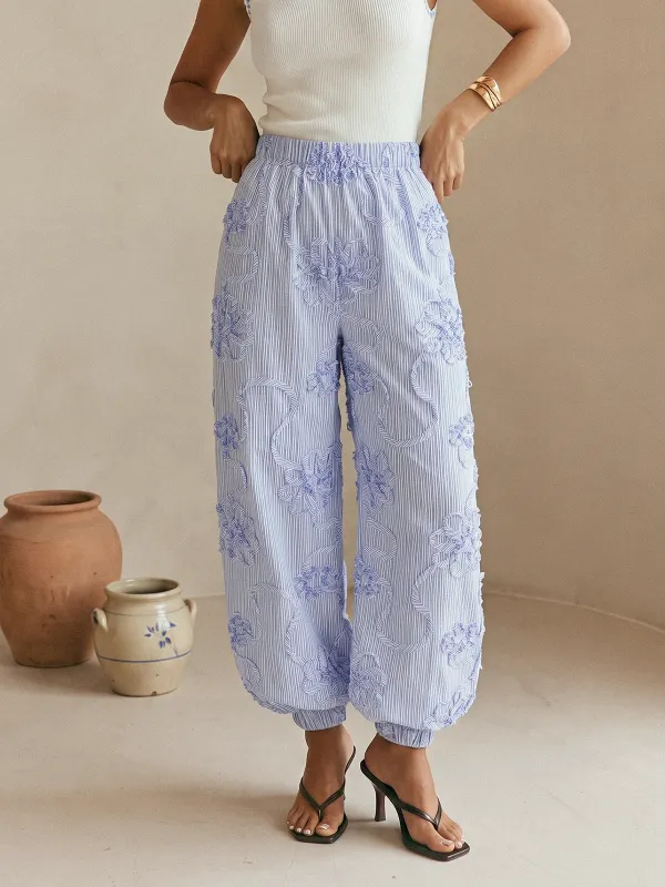 3D Floral Striped Elastic Cuffed Jogger Pants made by COMMENSE