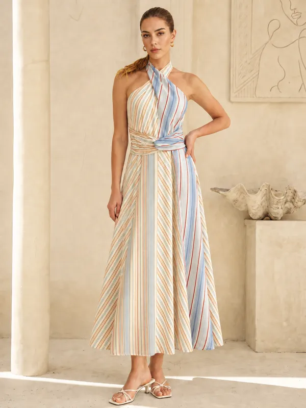 Colorful Stripe Halter Tie-Back Maxi Dress made by COMMENSE