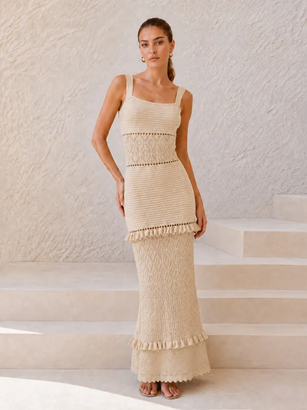 Hollow Knit Ruffle Maxi Slip Dress made by COMMENSE