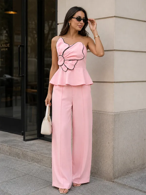 Strapless Flower Peplum Top & Pants Set made by COMMENSE