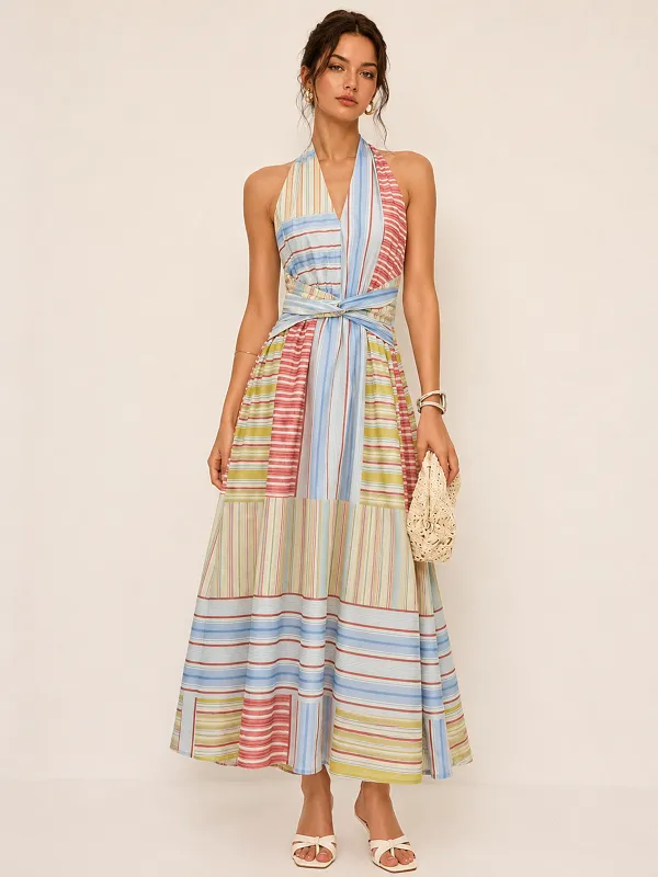 Color Stripe Tie-Back Midi Dress made by COMMENSE
