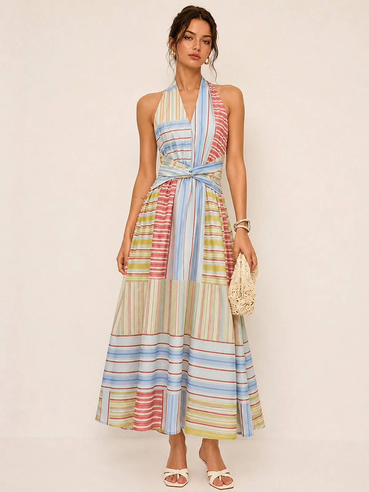 Color Stripe Tie-Back Midi Dress sold by COMMENSE