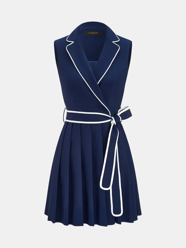 Contrast Trim Belted Lapel Pleat Mini Dress made by COMMENSE
