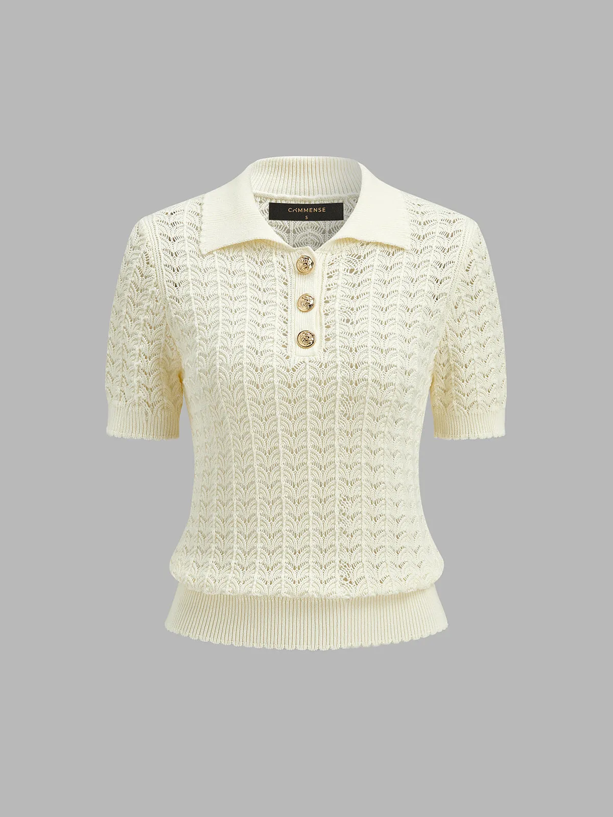 Openwork Short Sleeve Collared Knitted Top sold by COMMENSE product image thumbnail 2