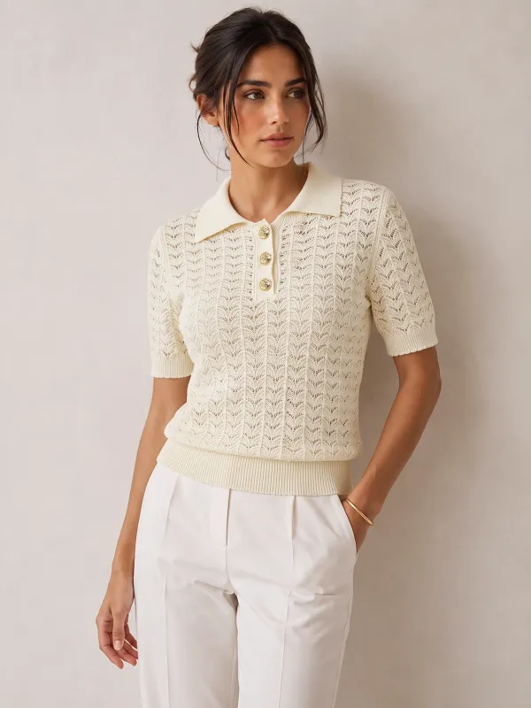 Openwork Short Sleeve Collared Knitted Top made by COMMENSE