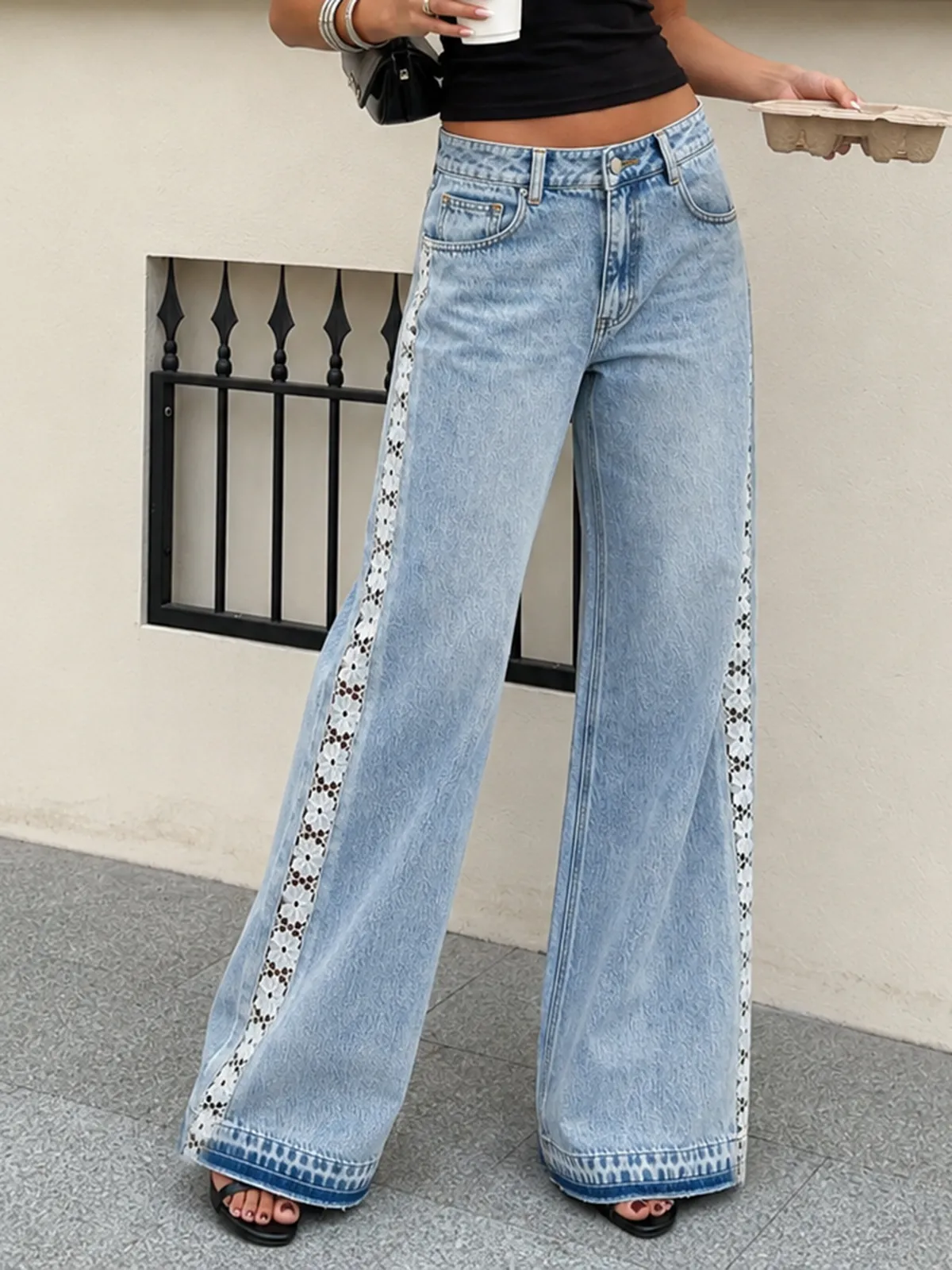 Side Lace Panel Wide Leg Jeans sold by COMMENSE product image thumbnail 2