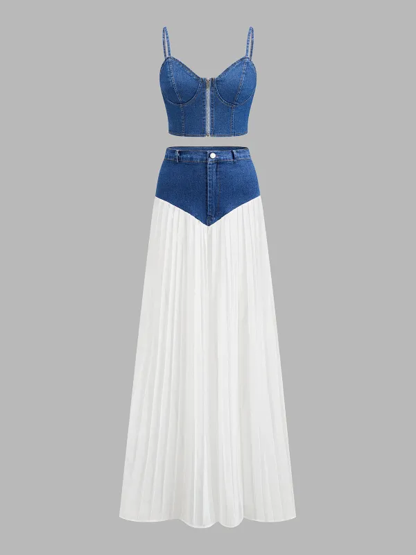 Denim Corset Pleated Maxi Two Piece Set made by COMMENSE