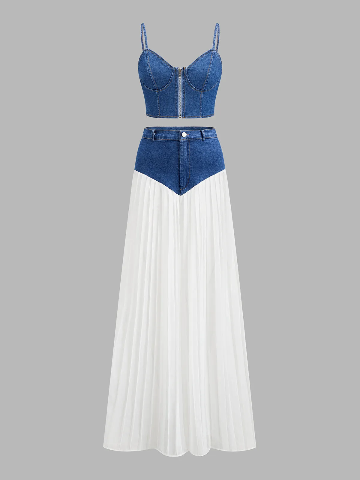 Denim Corset Pleated Maxi Two Piece Set sold by COMMENSE