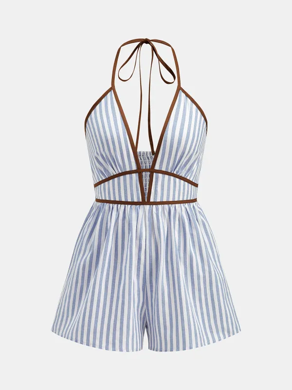 Halter Striped Cutout Casual Romper made by COMMENSE