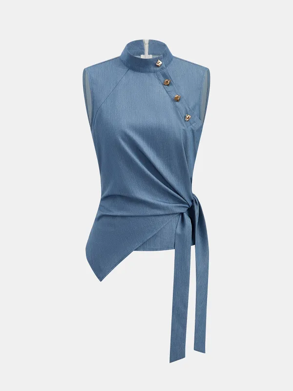 Stand Collar Metal Detail Tie Waist Tank Top made by COMMENSE