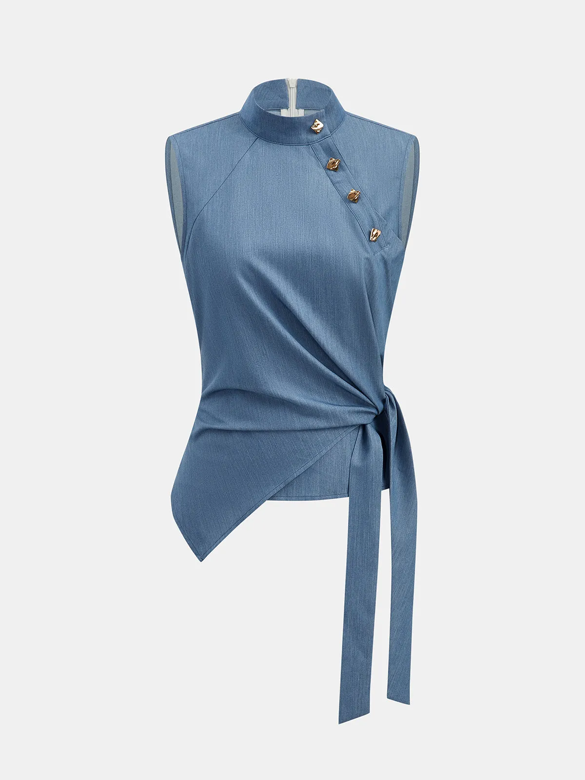 Stand Collar Metal Detail Tie Waist Tank Top sold by COMMENSE
